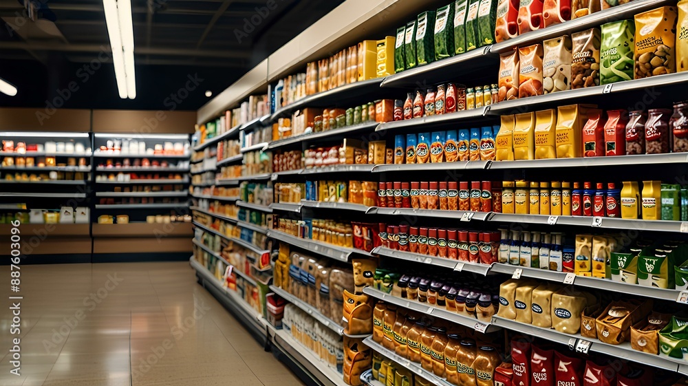 Fototapeta premium Detailed view of fully stocked grocery store aisle showcasing diverse food products on shelves.