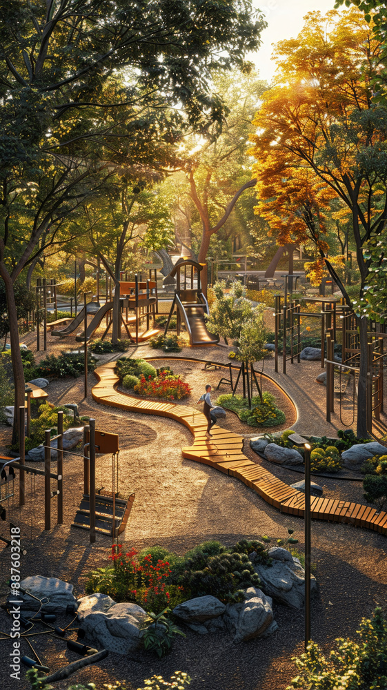 Obraz premium Produce a captivating image of an outdoor fitness park filled with innovative workout stations and nature-inspired elements Capture the essence of connecting with nature while engaging in the 