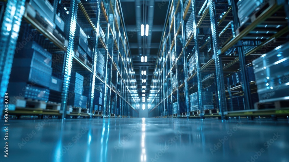 A futuristic and sleek data center with rows of server racks illuminated by bright blue light. A futuristic and sleek data center with rows of server racks illuminated by bright blue light.