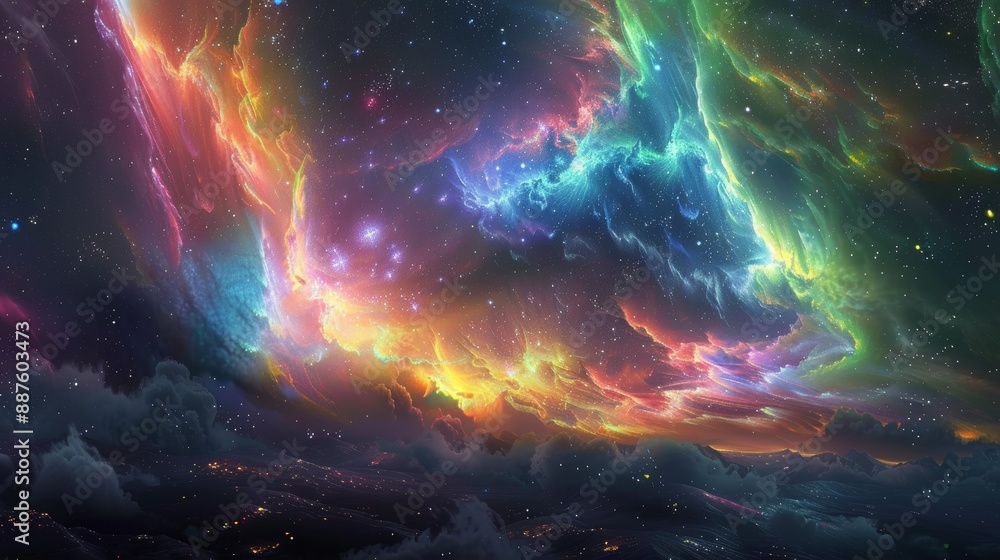 An ethereal, dreamlike scene of a starlit sky filled with colorful, shimmering auroras, creating a breathtaking display of light and color. An ethereal, dreamlike scene of a starlit sky filled with colorful, shimmering auroras, creating a breathtaking display of light and color.