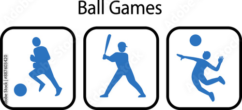 球技スポーツ、サッカー、野球、バレーボールのシンプルなシルエットのベクターイラスト