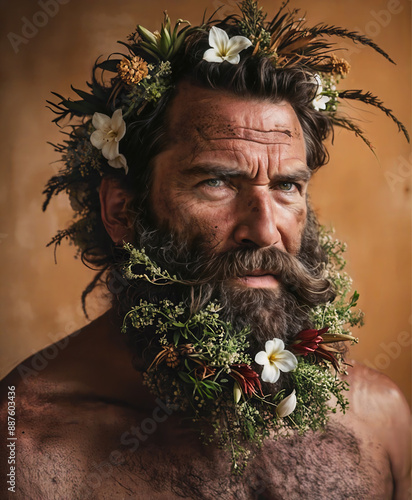 Close-up portrait of weathered man with flower-adorned beard and hair. For artistic projects, nature-inspired concepts, or exploring themes of masculinity and natural beauty. photo