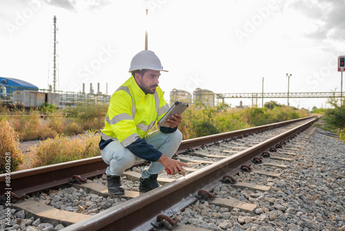 Engineer railway wearing safety uniform and helmet under checking train ,wheels and control system for safety transportation. Maintenance cycle concept.