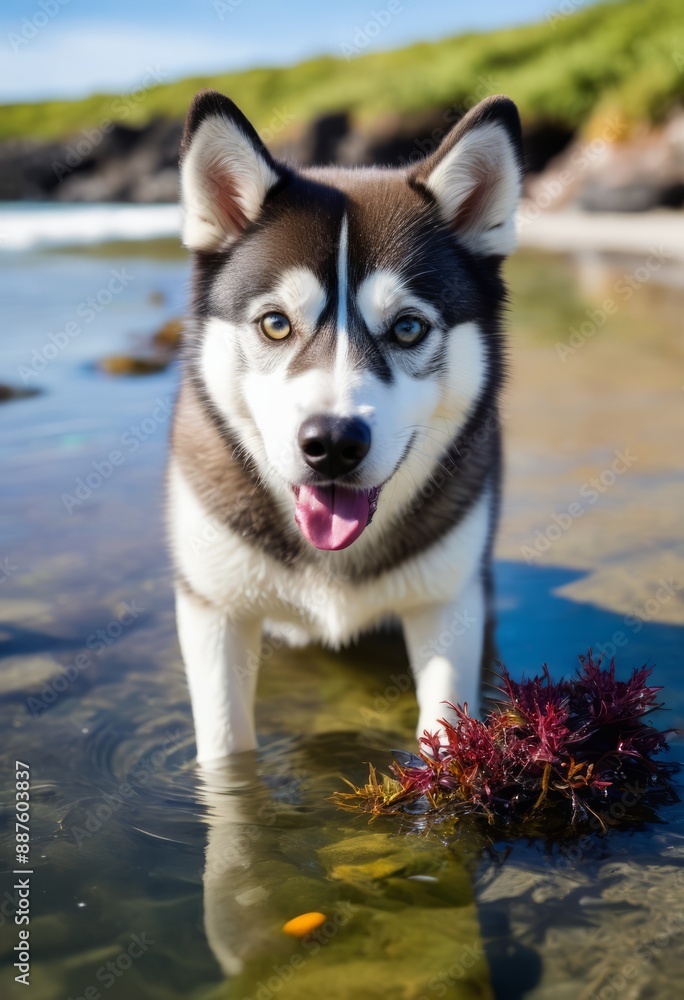 Huskey peering curiously into a crystal-clear tide pool at the beach with colorful sea creatures and seaweed visible beneath the surface Huskey peering curiously into a crystal-clear tide pool at the beach with colorful sea creatures and seaweed visible beneath the surface