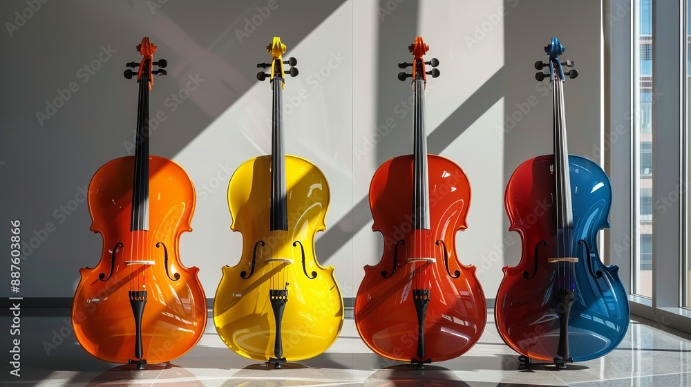 Fototapeta premium Four colorful cellos in orange, yellow, red, and blue arranged in a sunlit room, showcasing their glossy finishes.