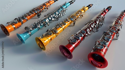 A row of colorful clarinets in orange, blue, yellow, and red, showcasing intricate details and vibrant designs. photo