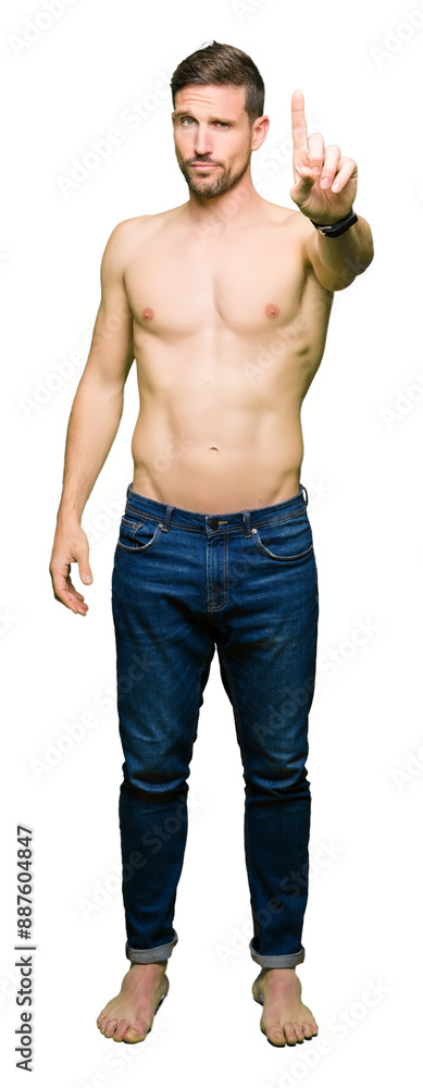 Handsome shirtless man showing nude chest Pointing with finger up and angry expression Handsome shirtless man showing nude chest Pointing with finger up and angry expression