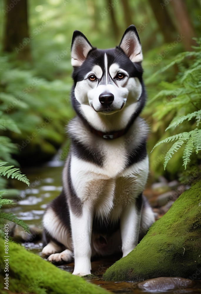 Huskey sitting beside a babbling brook in a secluded forest glade with moss-covered rocks and ferns adding to the serene atmosphere Huskey sitting beside a babbling brook in a secluded forest glade with moss-covered rocks and ferns adding to the serene atmosphere