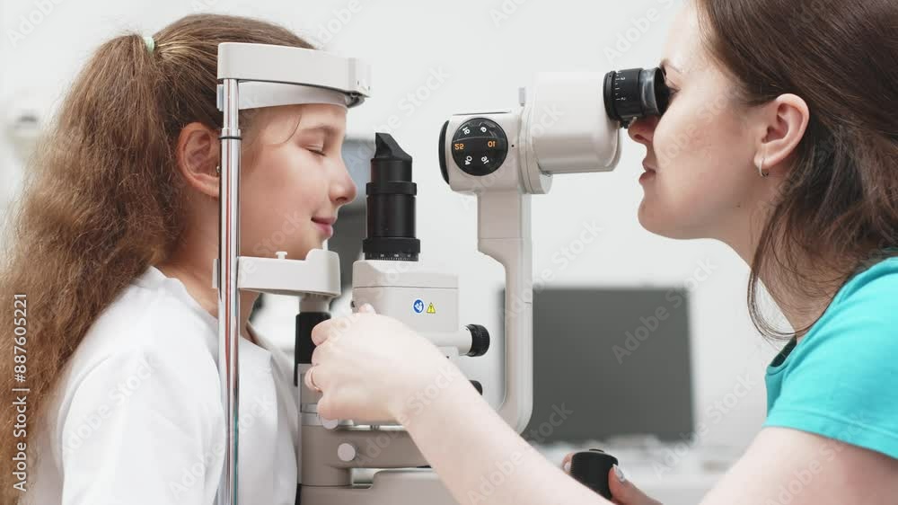 A little patient undergoes an eye test by a professional optometrist using modern diagnostic equipment in an ophthalmology clinic. A little patient undergoes an eye test by a professional optometrist using modern diagnostic equipment in an ophthalmology clinic.