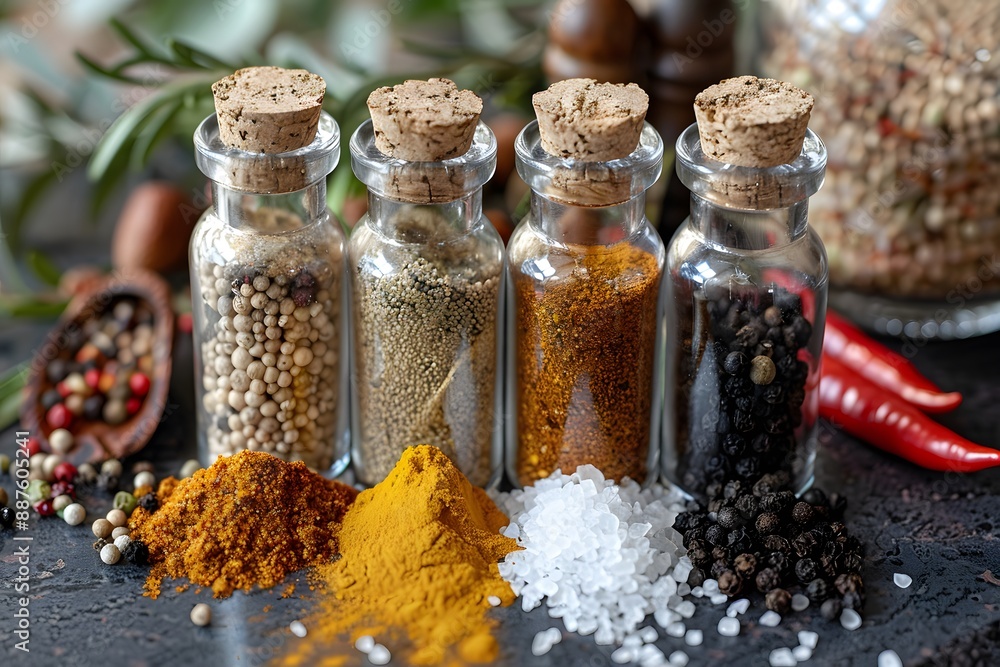 Spices and salts in glass bottles Spices and salts in glass bottles