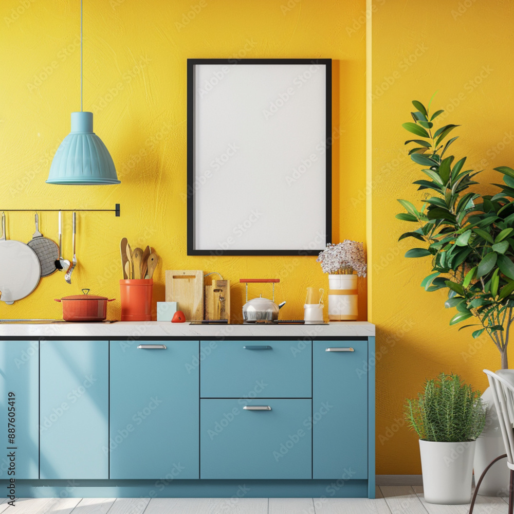 Fototapeta premium A blank picture, hanging on a wall in a colorful kitchen