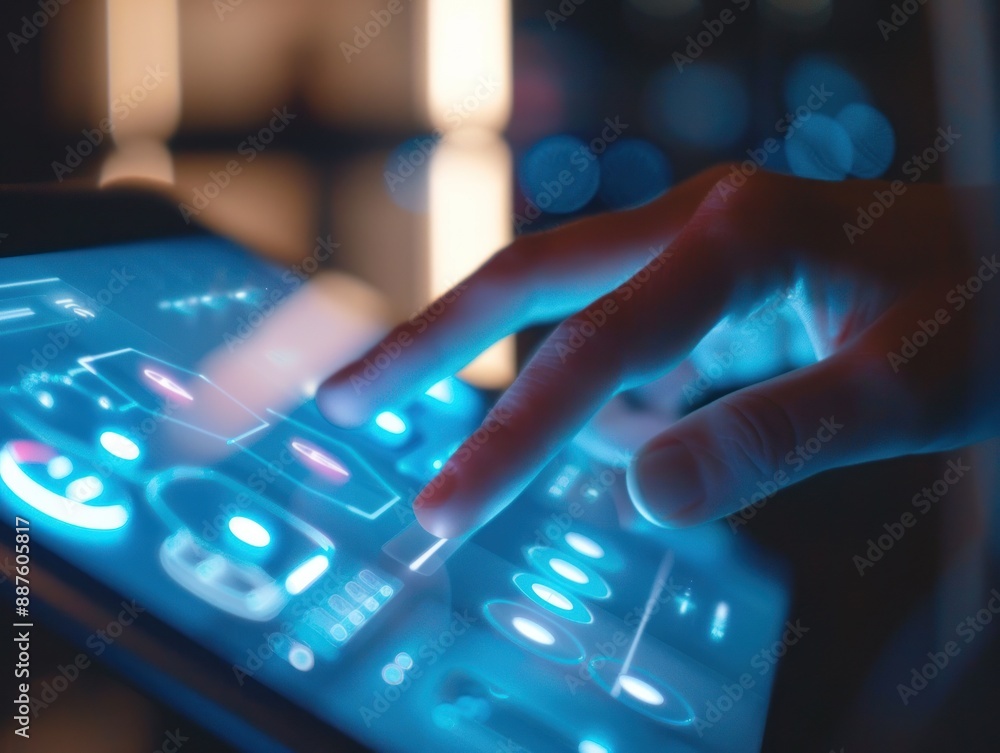 A Hand Interacting with a Futuristic Interface A Hand Interacting with a Futuristic Interface