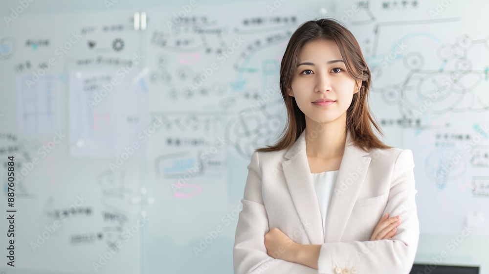 Smiling young Asian woman in office, portrait of a young energetic female scientist with cheerful smile and friendly behavior, standing in front of a whiteboard filled with colorful charts and graphs, Smiling young Asian woman in office, portrait of a young energetic female scientist with cheerful smile and friendly behavior, standing in front of a whiteboard filled with colorful charts and graphs,