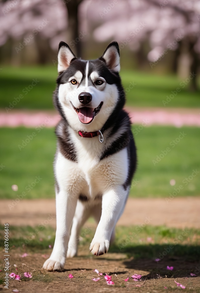 Huskey playing fetch in a blooming cherry blossom park with families picnicking flying kites and enjoying the springtime festivities Huskey playing fetch in a blooming cherry blossom park with families picnicking flying kites and enjoying the springtime festivities