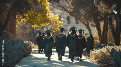 University Campus Ceremony Featuring Unrecognizable Graduates Walking in Robes photo