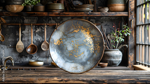 Eternal Grace: A Kintsugi Ceramic Plate with Golden Veins