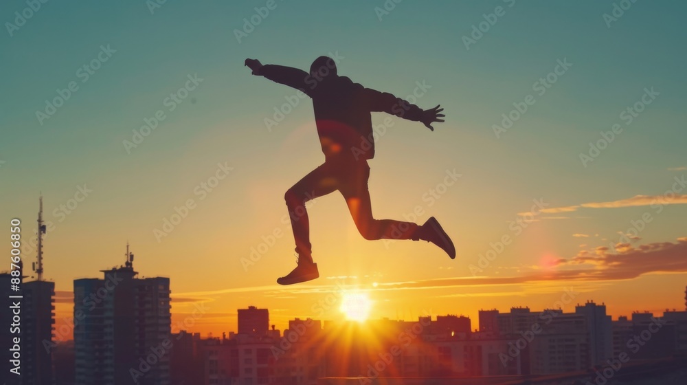 Silhouette of man jumping over a gap at sunset, concept business success and achievement Silhouette of man jumping over a gap at sunset, concept business success and achievement