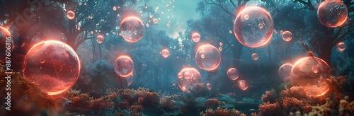 Lush forest scene with bubbles floating in the air, creating a dreamlike atmosphere. © Teerapat