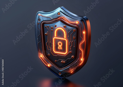 Wallpaper Mural 3D illustration of an internet security badge. The badge is a sleek, metallic look with a shield shape, padlock and a digital circuit board pattern to symbolize cybersecurity.  Torontodigital.ca