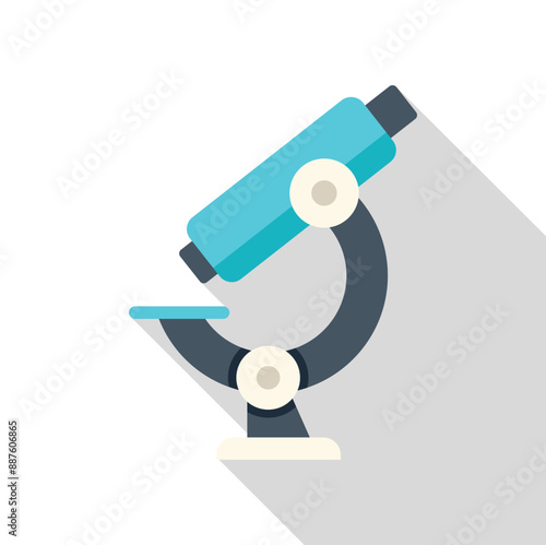 Blue microscope standing on a table casting a long shadow to the right