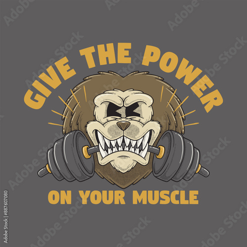 retro cartoon emblem of lion biting dumbbells photo