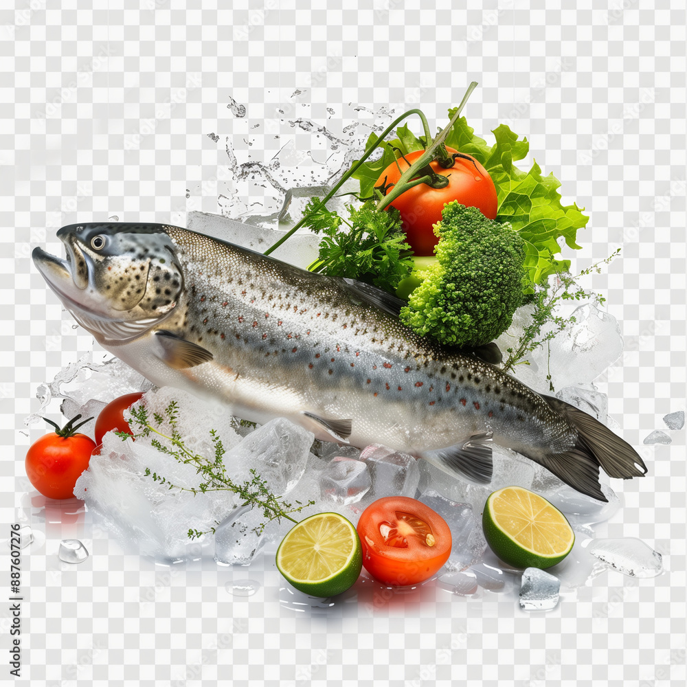 Fish on ice with vegetables transparent background Fish on ice with vegetables transparent background