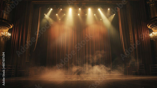 A darkened theater stage with a heavy curtain drawn across, illuminated by dramatic stage lighting.