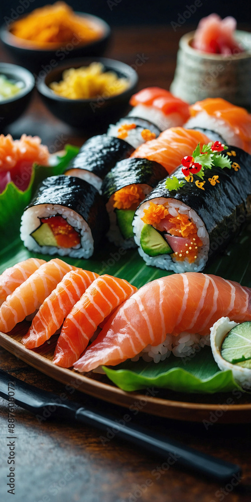 Assorted sushi platter with nigiri and maki rolls served on a green leaf with a scenic lake view Assorted sushi platter with nigiri and maki rolls served on a green leaf with a scenic lake view