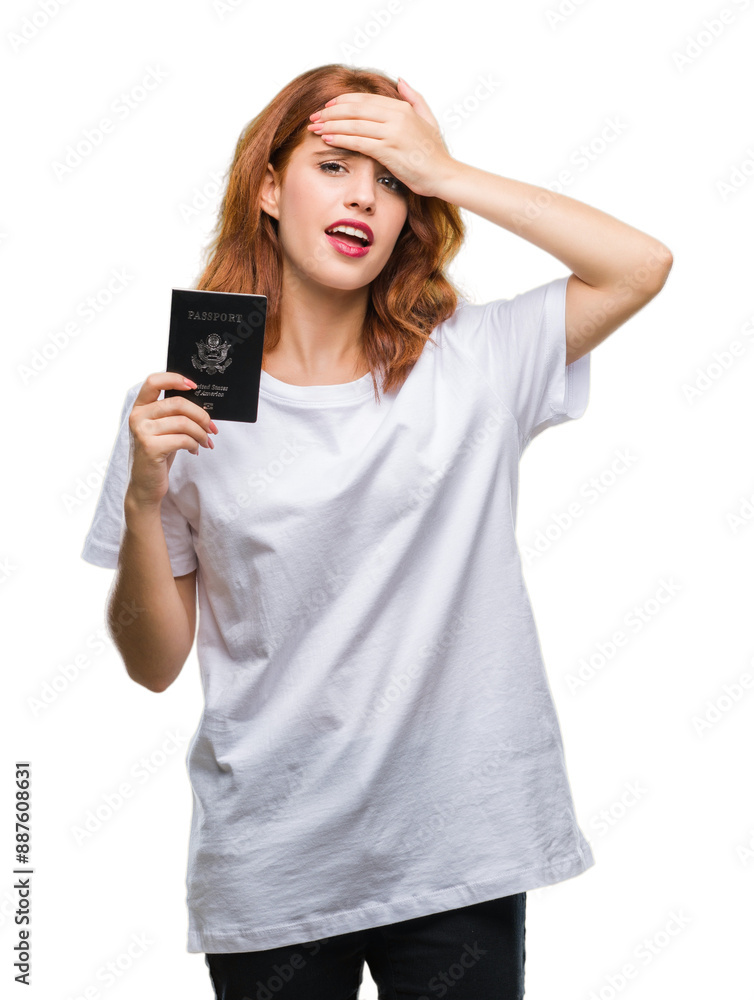 Young beautiful woman holding passport of united states of america over isolated background stressed with hand on head, shocked with shame and surprise face, angry and frustrated. Fear and upset Young beautiful woman holding passport of united states of america over isolated background stressed with hand on head, shocked with shame and surprise face, angry and frustrated. Fear and upset