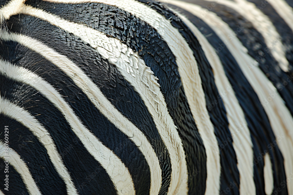 A close up of the back skin texture of a zebra, focusing on its distinctive striped pattern. The background is plain white to highlight the unique striped design of the zebra's fur. A close up of the back skin texture of a zebra, focusing on its distinctive striped pattern. The background is plain white to highlight the unique striped design of the zebra's fur.