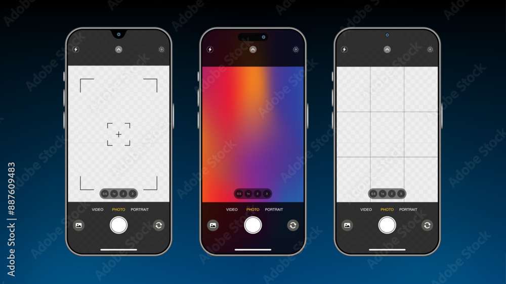 Smartphone Camera Interfaces for Smart Mobile Template: Viewfinder, Grid, Buttons, Lights, and Focus Controls. Vector. Smartphone Camera Interfaces for Smart Mobile Template: Viewfinder, Grid, Buttons, Lights, and Focus Controls. Vector.