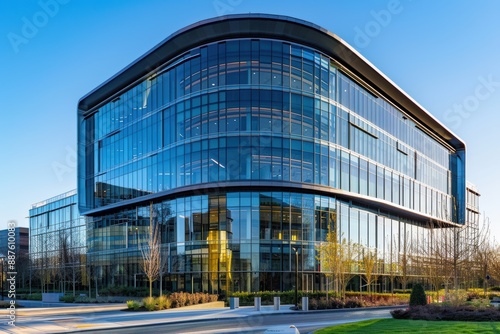 A sleek, modern headquarters building for a global tech company