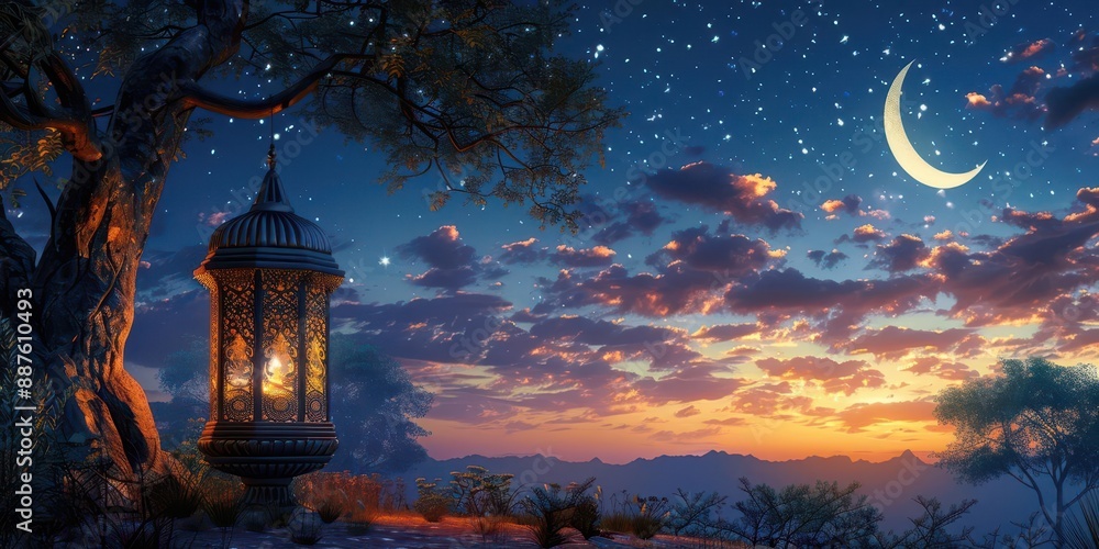 A serene night scene with a glowing lantern hanging from a tree, crescent moon, and star-filled sky over a tranquil landscape. A serene night scene with a glowing lantern hanging from a tree, crescent moon, and star-filled sky over a tranquil landscape.