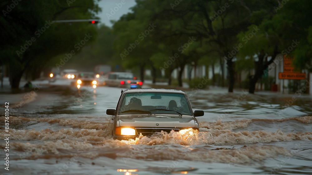 Flooded street after an abnormal downpour in the suburbs. Cars move on the flooded street. Flooded street after an abnormal downpour in the suburbs. Cars move on the flooded street.