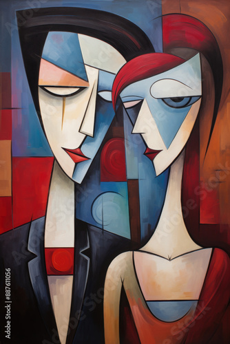 Couple portrait, abstract cubist or cubism style painting