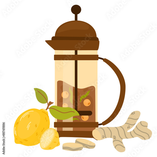 Hot sea-buckthorn tea brewed in glass teapot. Aromatic herbal fruit drink in French press pot with orange berries of sea buckthorn, lemon, ginger. Flat vector illustration isolated on white background