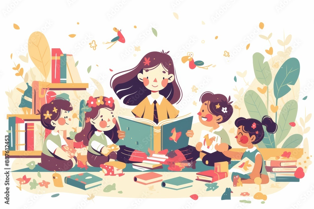 A teacher reading a story to a group of preschool children sitting cross-legged on a colorful classroom rug, books and toys scattered around them A teacher reading a story to a group of preschool children sitting cross-legged on a colorful classroom rug, books and toys scattered around them