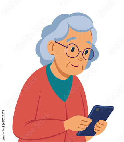Elderly woman with glasses using smartphone. Old person messaging. Vector illustration