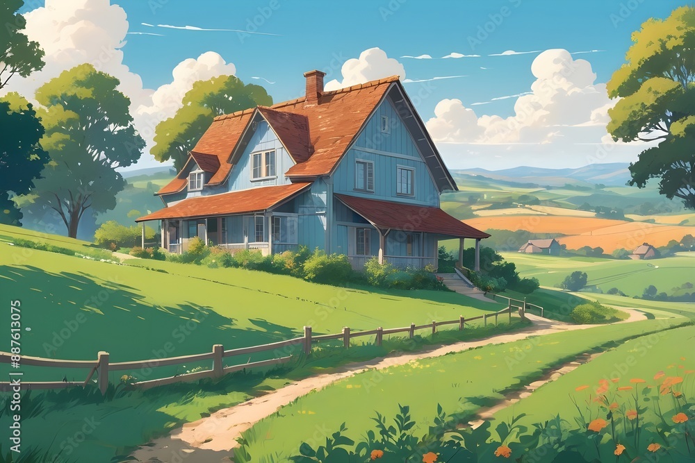 Peaceful rural life cartoon illustration
