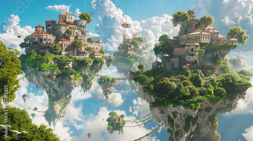 A stunning fantasy world with floating islands and lush green landscapes. The islands seem to float in a surreal, dreamlike realm, creating a captivating paradise-like scene. photo