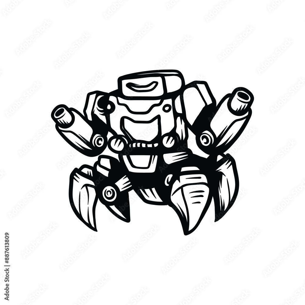 Fototapeta premium cool robotic with four leg and plasma blaster technology line art sketch vintage design illustration