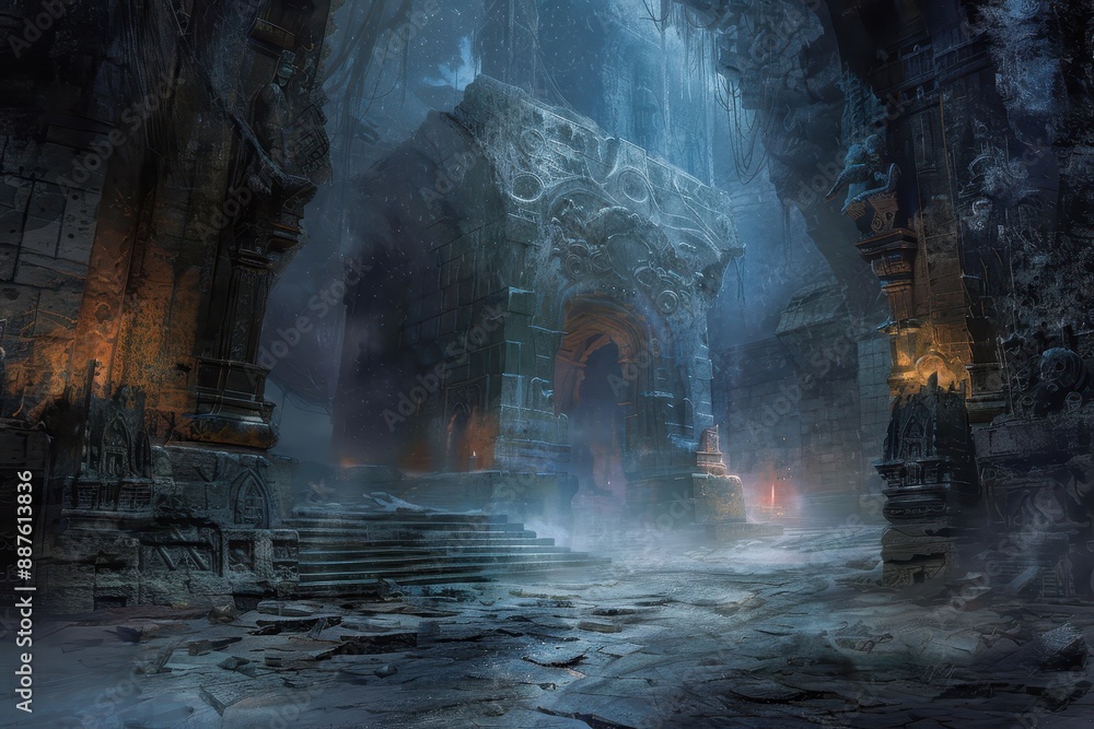 Ancient temple ruins with ornate columns and glowing blue crystals Ancient temple ruins with ornate columns and glowing blue crystals