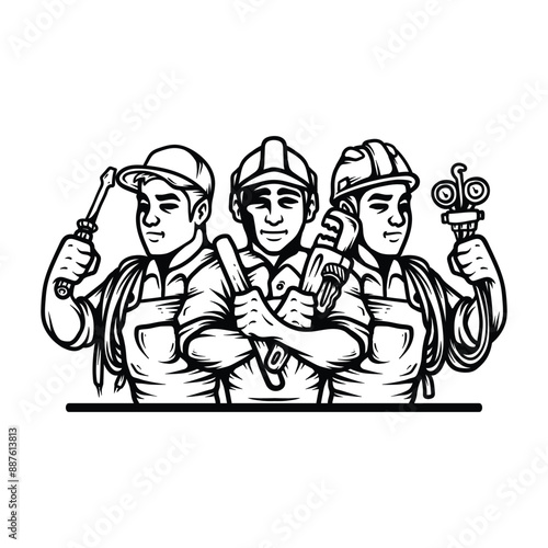 Three engineering worker of hvac or ac business line art sketch vintage design illustration