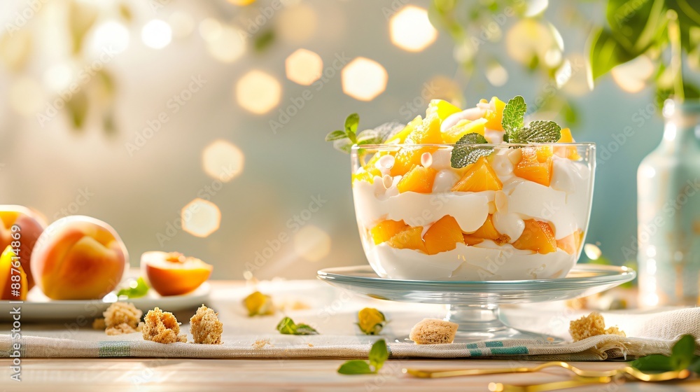 Delicious peach dessert with whipped cream and mint on sunny table Delicious peach dessert with whipped cream and mint on sunny table