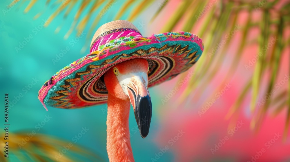 Obraz premium A pink flamingo wearing a Mexican sombrero against a bright color background