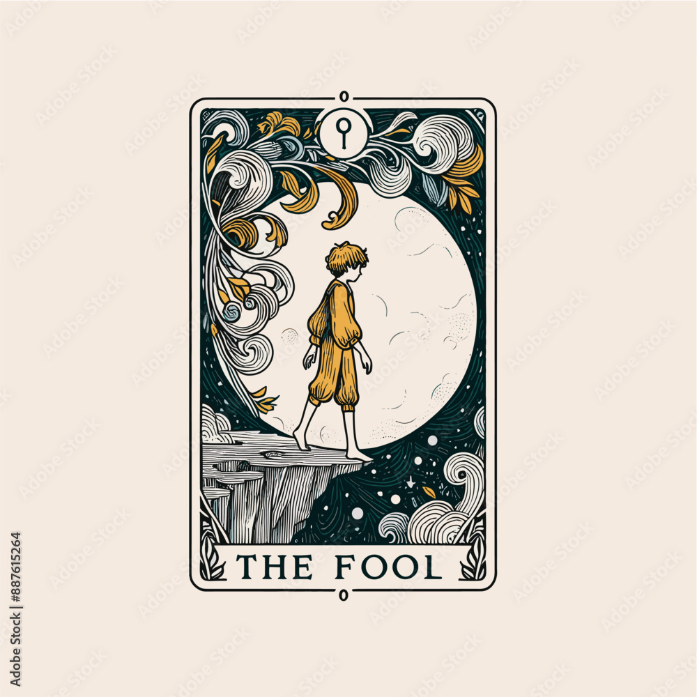The Fool Tarot Card: Hand-Drawn Moonlit Cliff Illustration The Fool Tarot Card: Hand-Drawn Moonlit Cliff Illustration