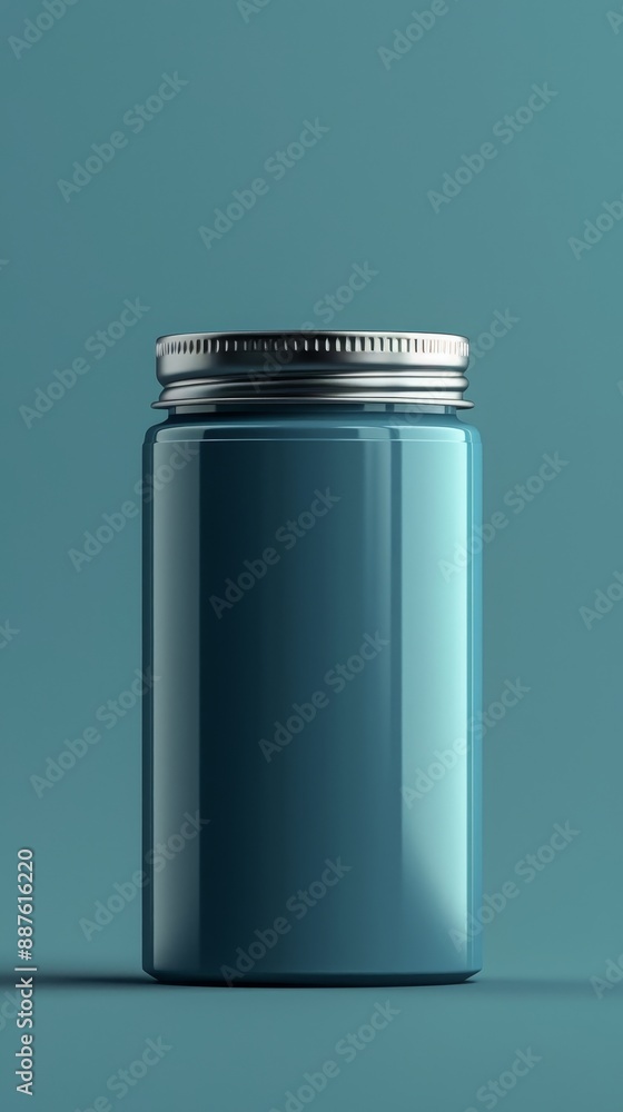 A clear blue jar with a silver lid sits on a blue background A clear blue jar with a silver lid sits on a blue background