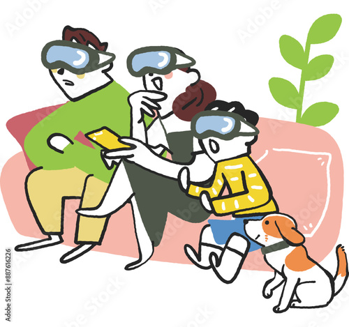 ヘッドセットを付けて仮想現実の世界を楽しむ家族　ストックイラスト素材
