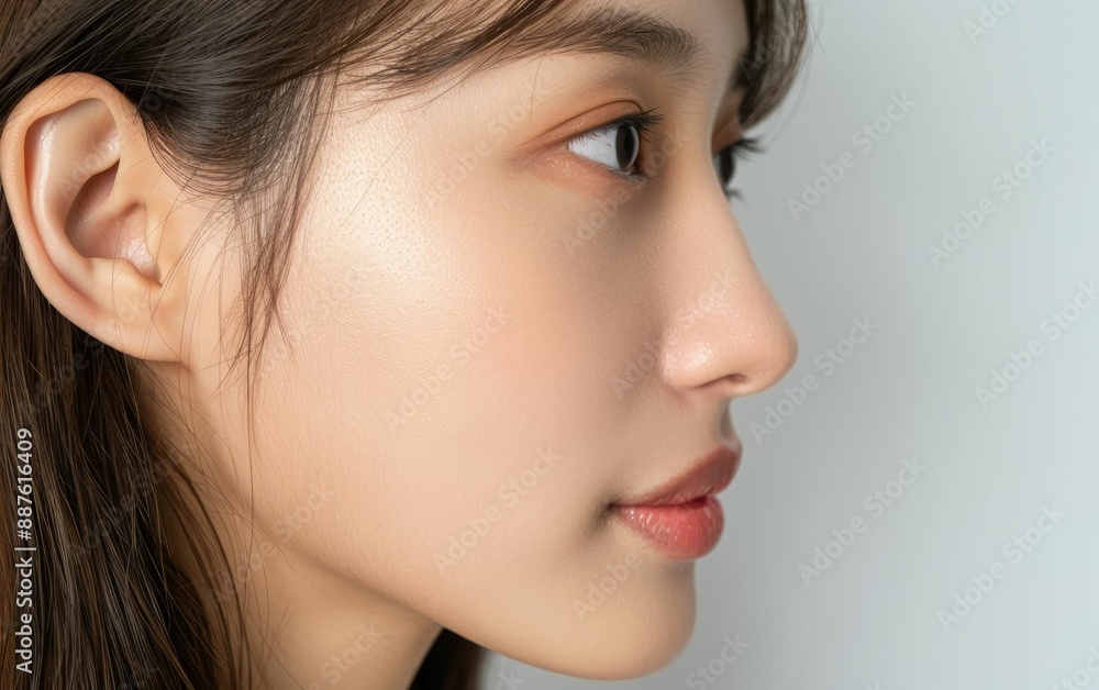 Fototapeta premium A woman with long dark hair looks to the side with a neutral expression. Her skin is smooth and glowing. The background is a soft white.