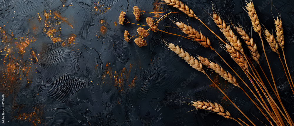 Fototapeta premium Harvest festival concept. Fall mockup with golden dry wheat, grain, herbs on dark, textured background. Lammas day composition. Autumn Layout with copy space. Generative ai